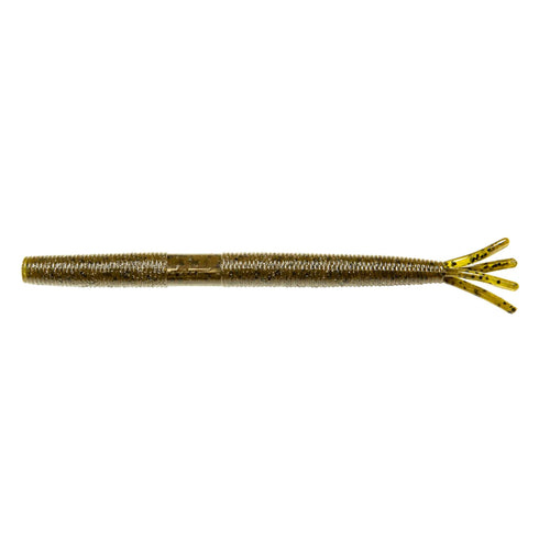 Gold-brown fishing lure with glitter body and forked tentacle tail