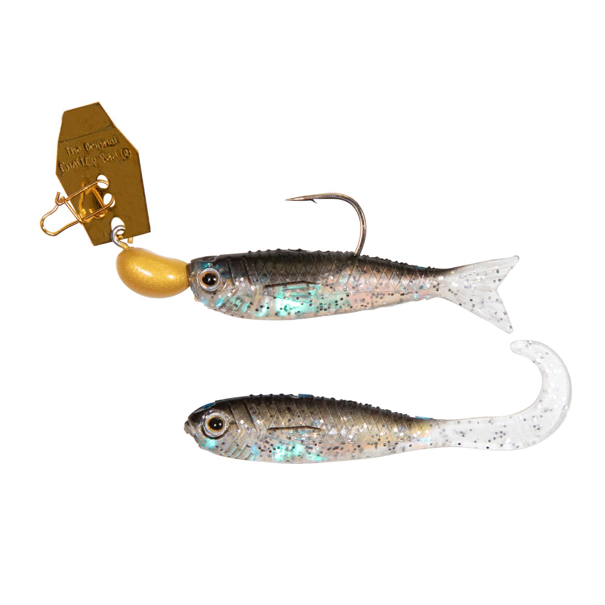 Mini fishing lure set featuring gold spinnerhead and glittery silver-blue soft baits