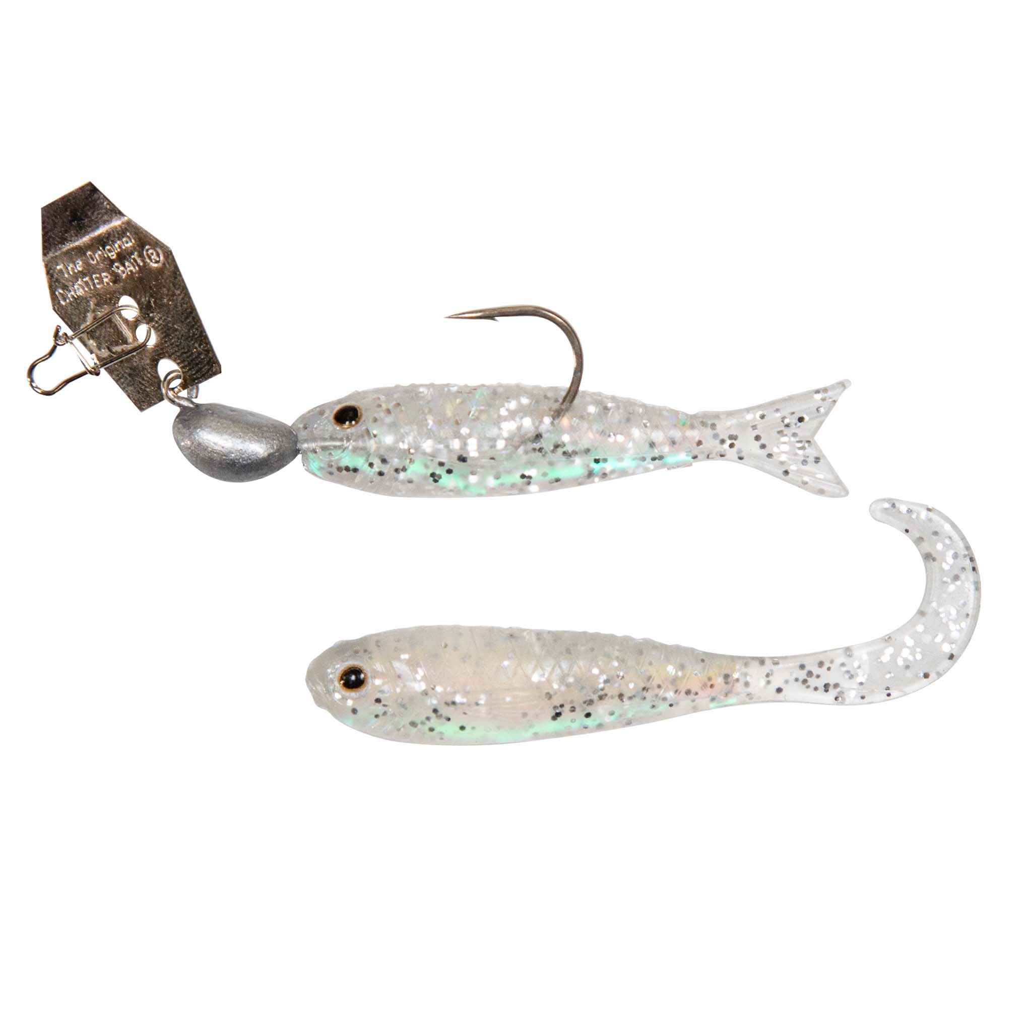 Mini fishing lure set with silver spinnerhead and clear-speckle natural minnow bodies
