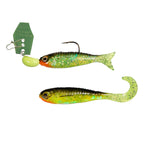 Mini fishing lure set with green chartreuse body and orange-red belly accents