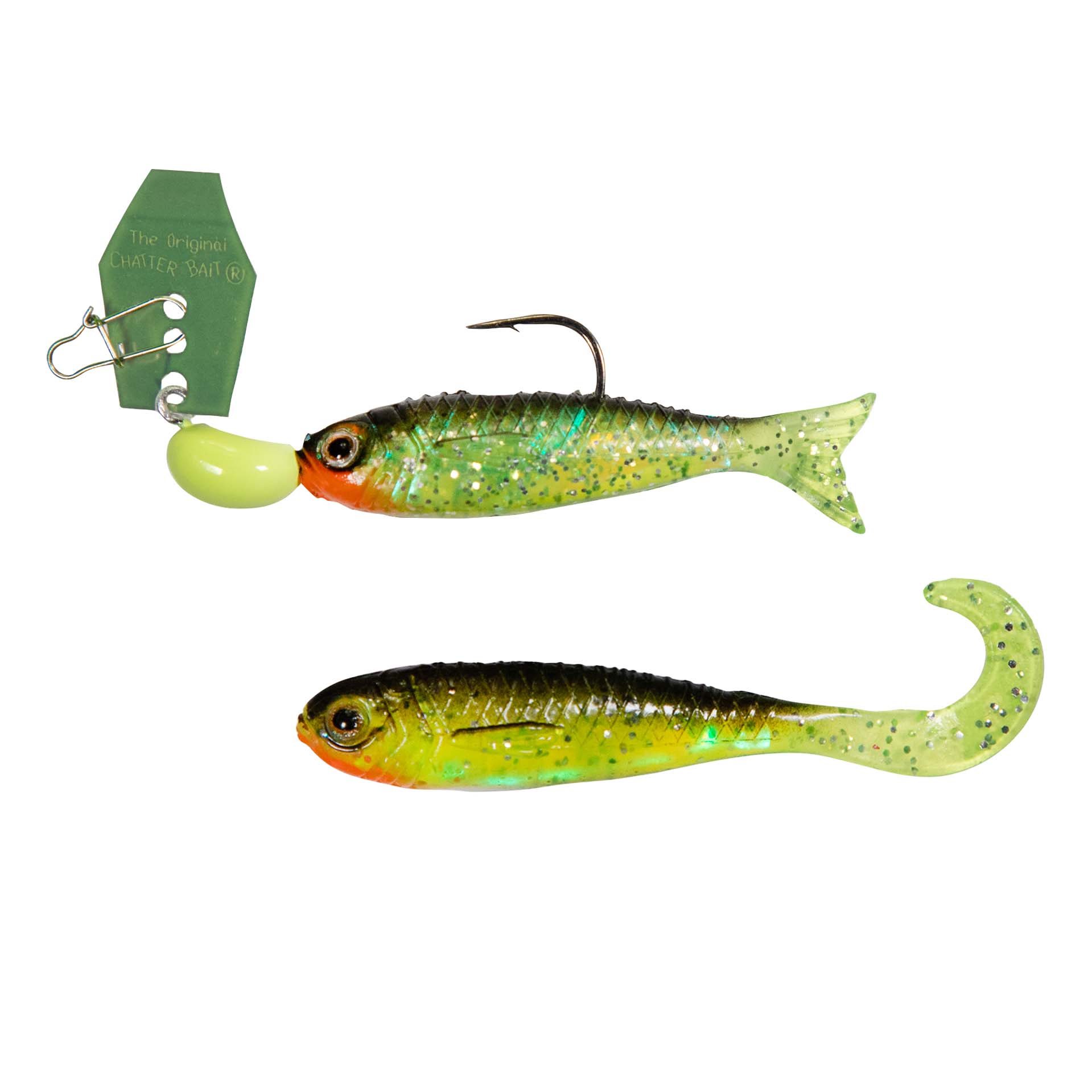 Mini fishing lure set with green chartreuse body and orange-red belly accents
