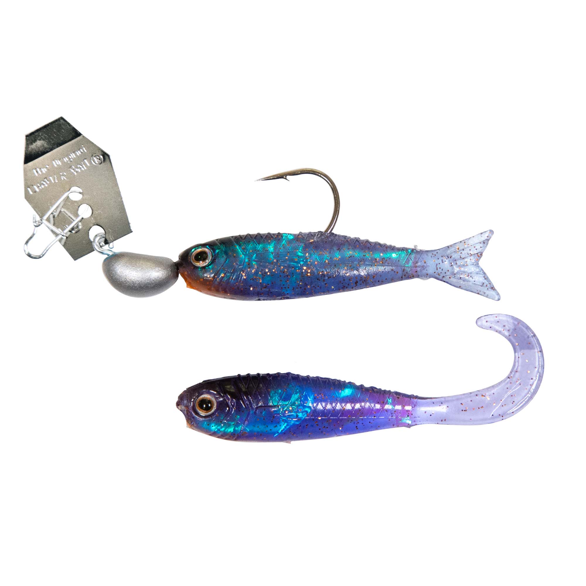 Mini fishing lure set with dark spinnerhead and blue-purple holographic minnow bodies