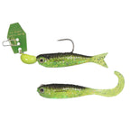 Mini fishing lure set with chartreuse-green bodies and black-speckled fins