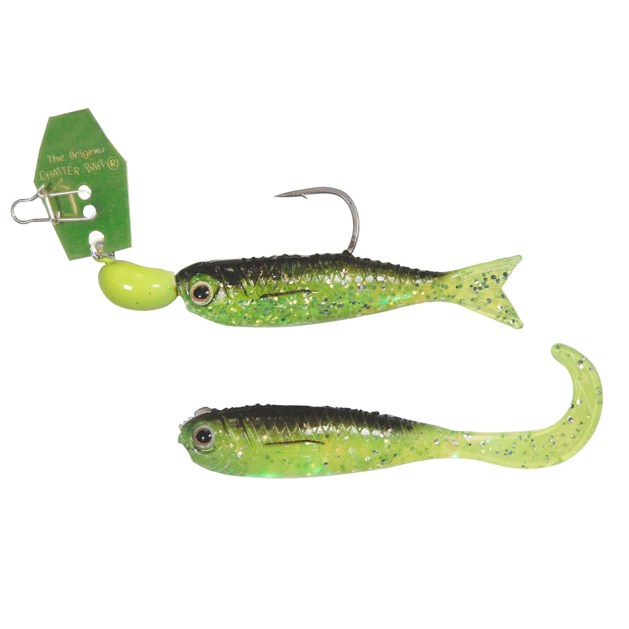 Mini fishing lure set with chartreuse-green bodies and black-speckled fins