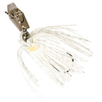 Micro chatterbait fishing lure with white translucent skirt, silver hardware
