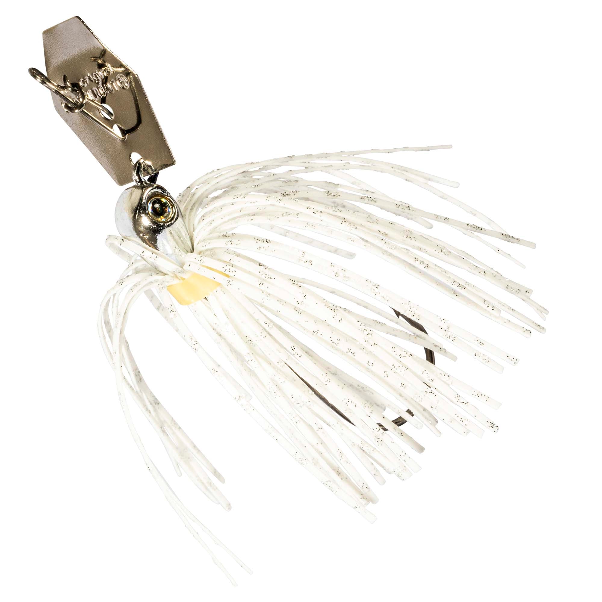 Micro chatterbait fishing lure with white translucent skirt, silver hardware