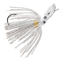 Micro chatterbait fishing lure with white skirt and subtle golden flecks, silver hardware