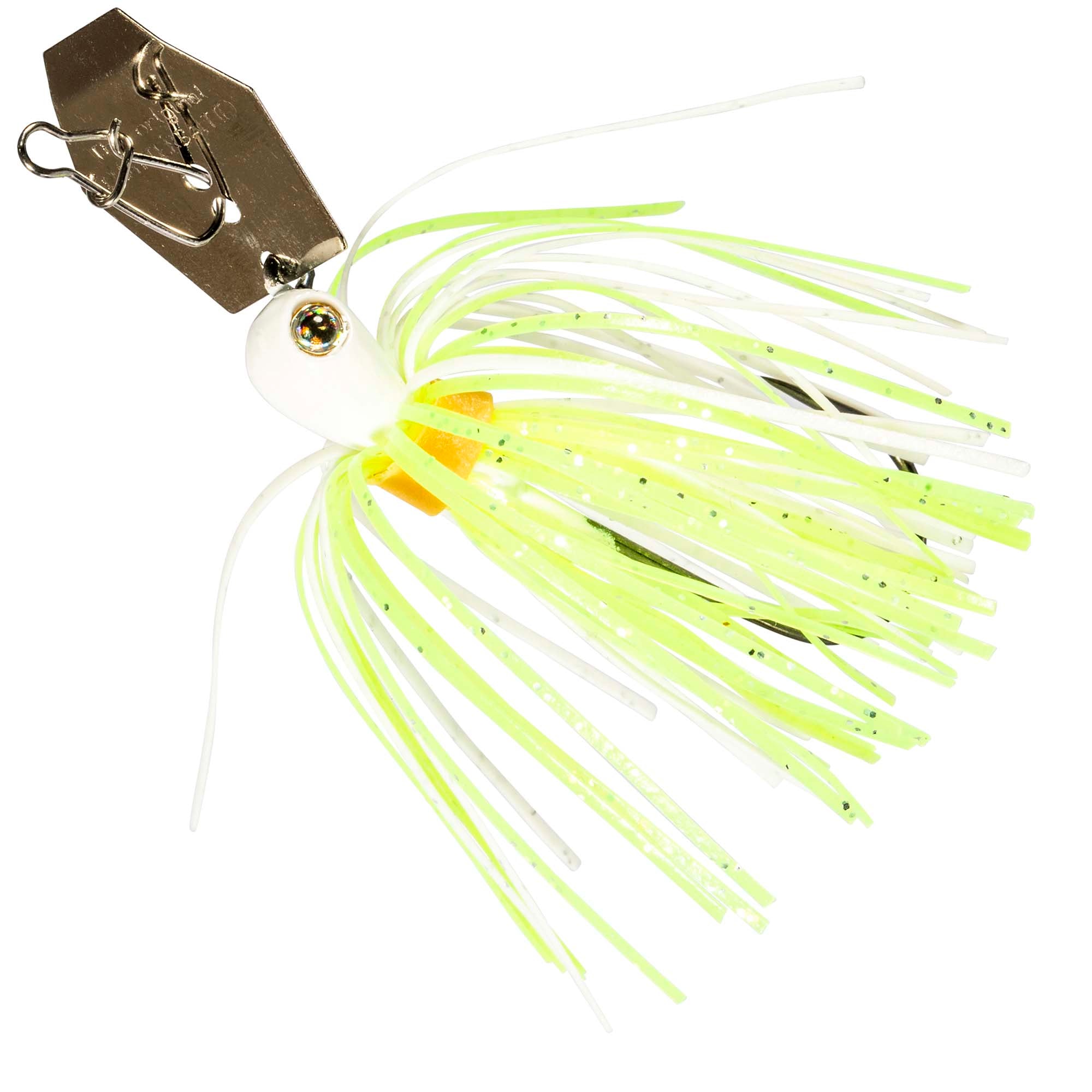 Micro chatterbait fishing lure with chartreuse and white skirt, gold hardware