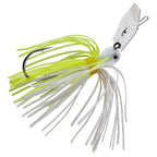 Micro chatterbait fishing lure with lime green skirt, white strands, silver hardware