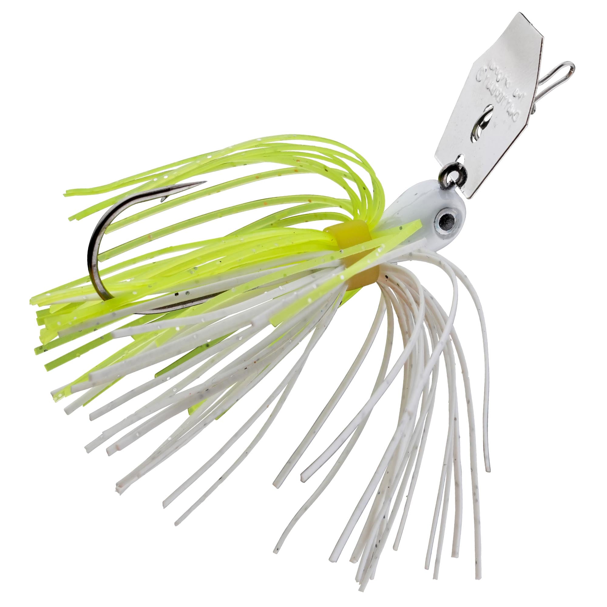 Micro chatterbait fishing lure with lime green skirt, white strands, silver hardware