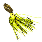 Micro chatterbait fishing lure with chartreuse and black skirt, gold hardware