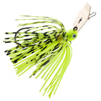 Micro chatterbait fishing lure with neon chartreuse skirt, gold hardware