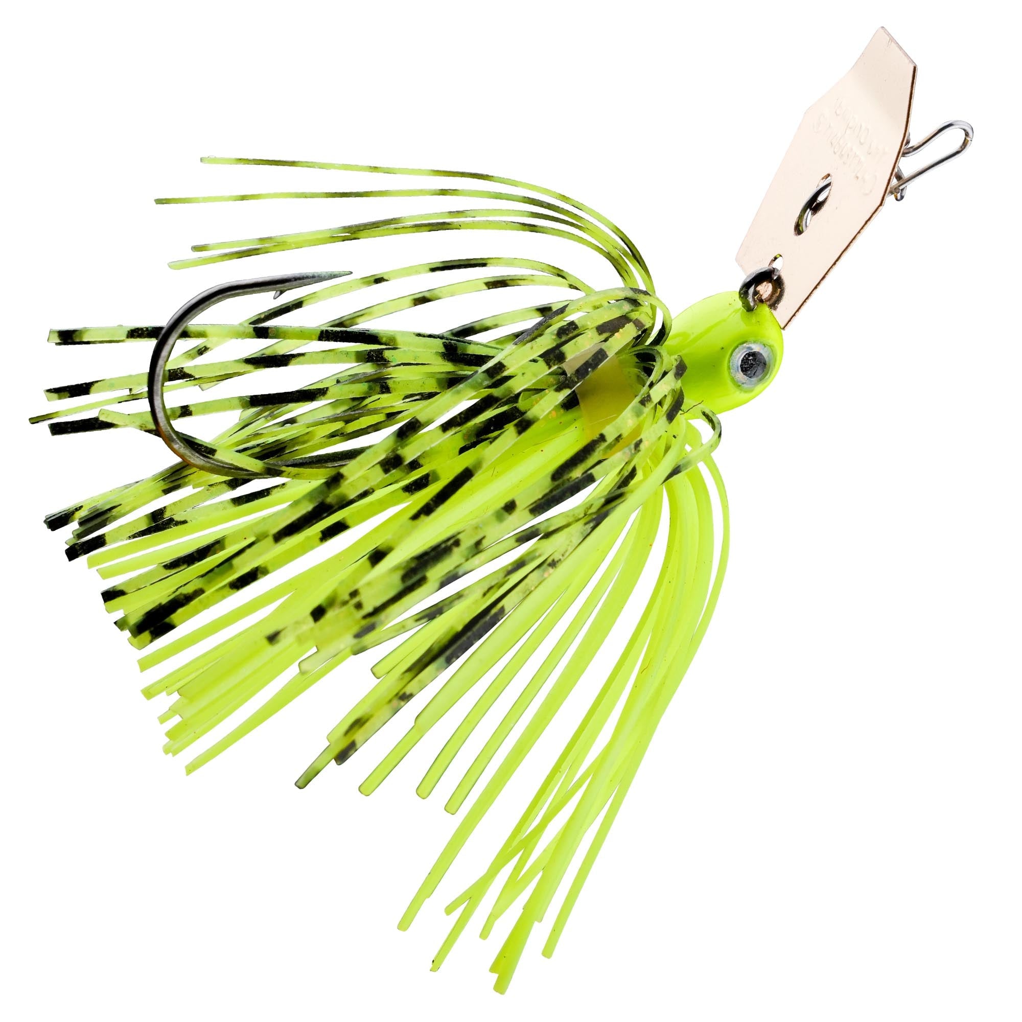 Micro chatterbait fishing lure with neon chartreuse skirt, gold hardware