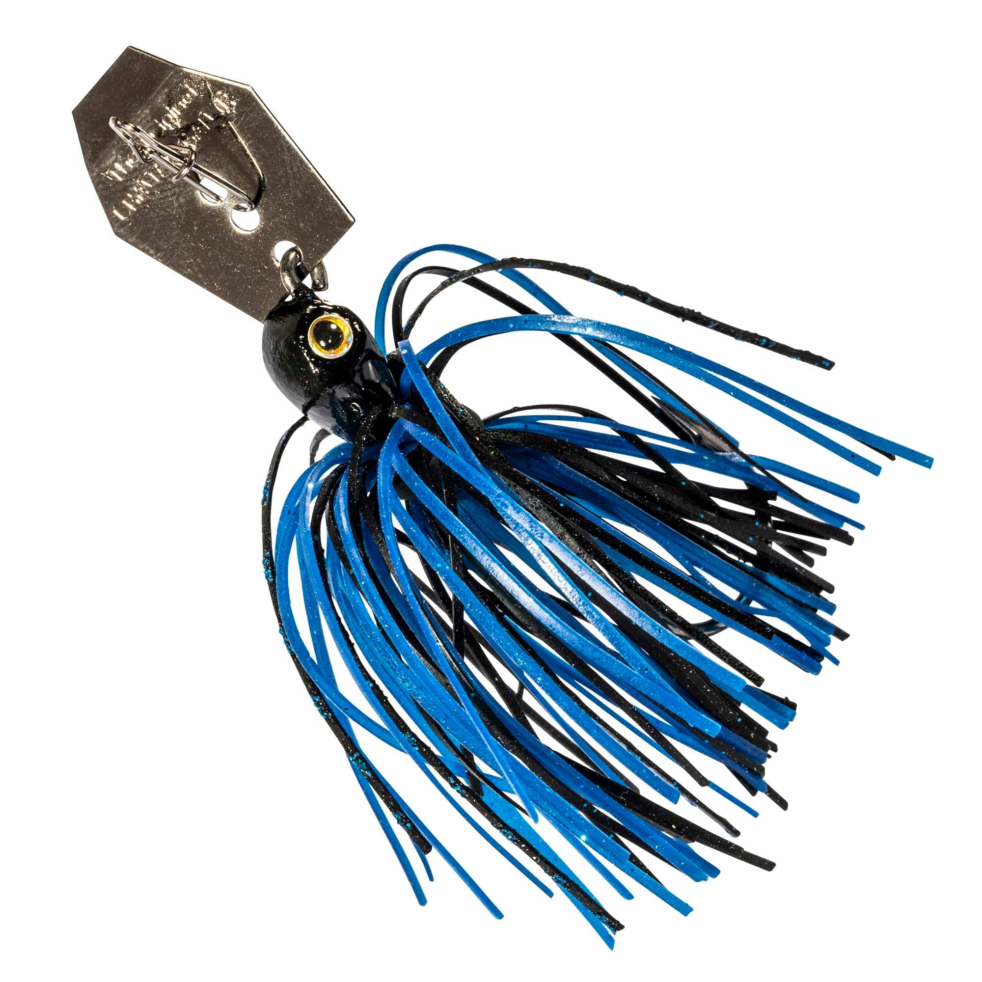 Micro chatterbait fishing lure with blue and black skirt, gold hardware