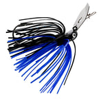 Micro chatterbait fishing lure with blue and black skirt, silver hardware