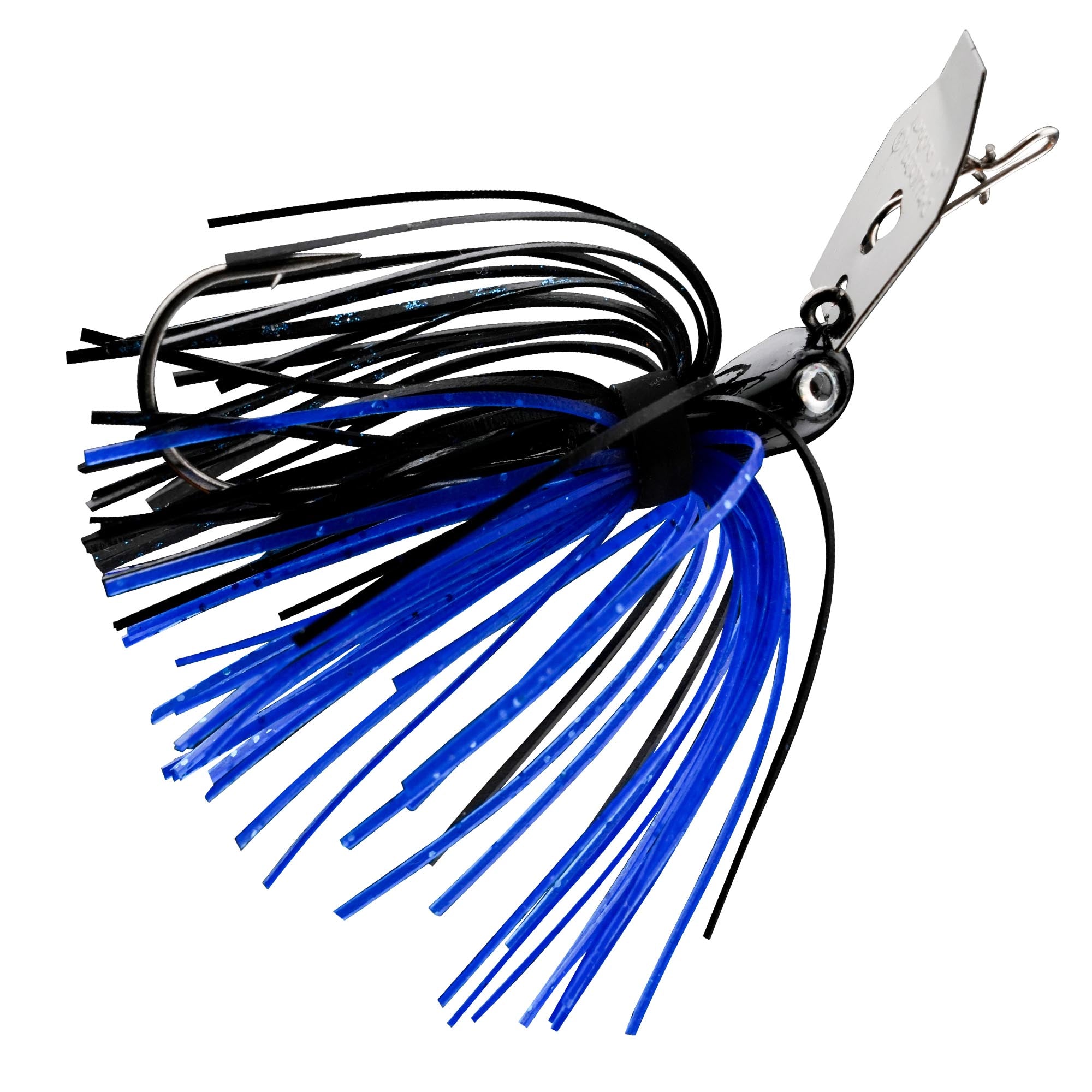 Micro chatterbait fishing lure with blue and black skirt, silver hardware