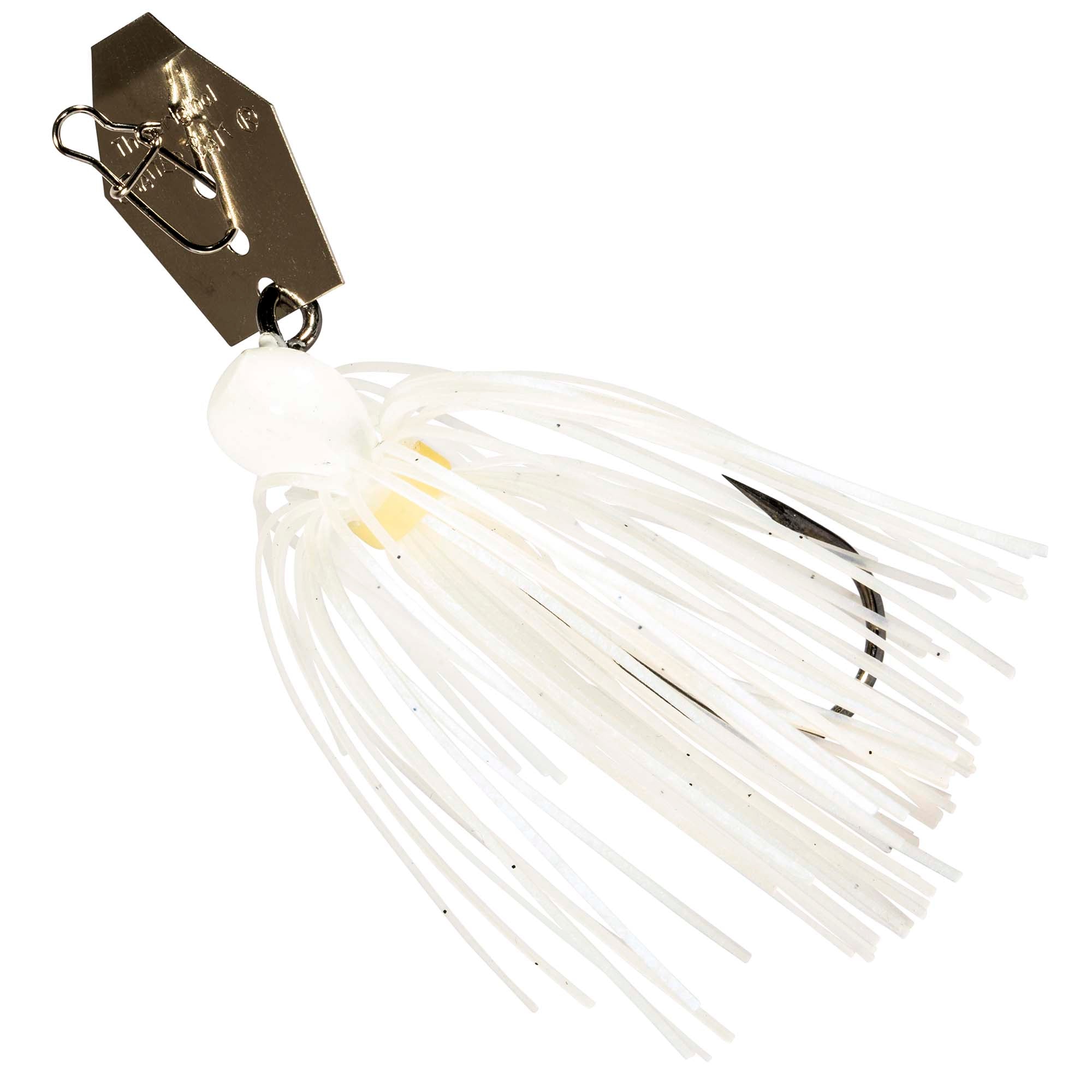 ChatterBait mini lure with white skirt and gold spinner blade, black accents