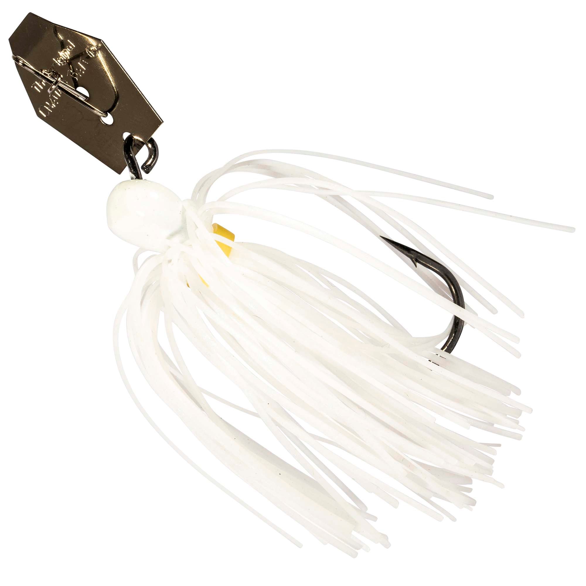 ChatterBait mini lure with white skirt and gold spinner blade, black hook