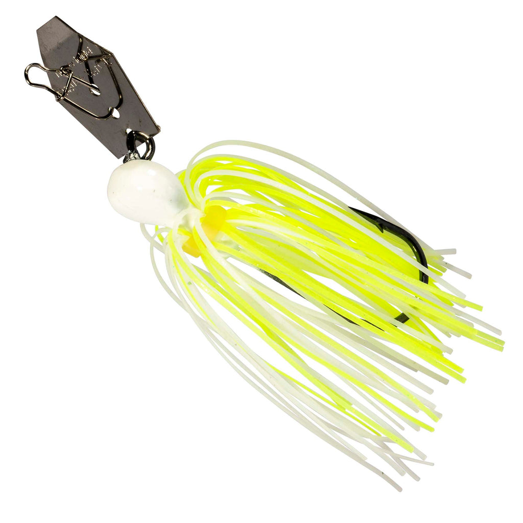ChatterBait mini lure with neon green skirt and white head, gold spinner blade