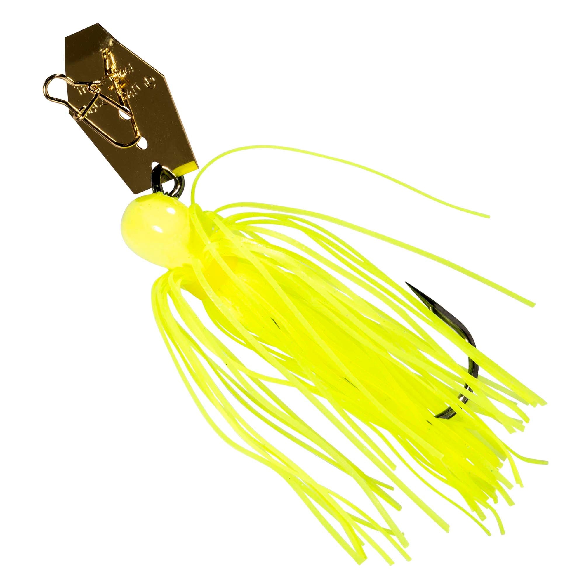 ChatterBait mini lure with neon yellow skirt and gold spinner blade, light head