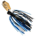 ChatterBait mini lure with blue-and-black skirt and black head, gold spinner blade