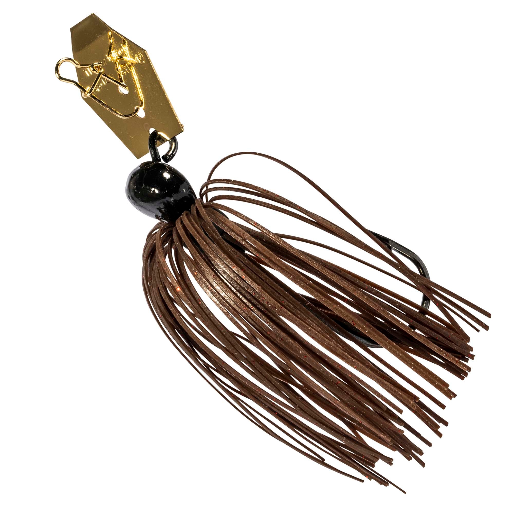 ChatterBait mini lure with black head and brown skirt, gold spinner blade