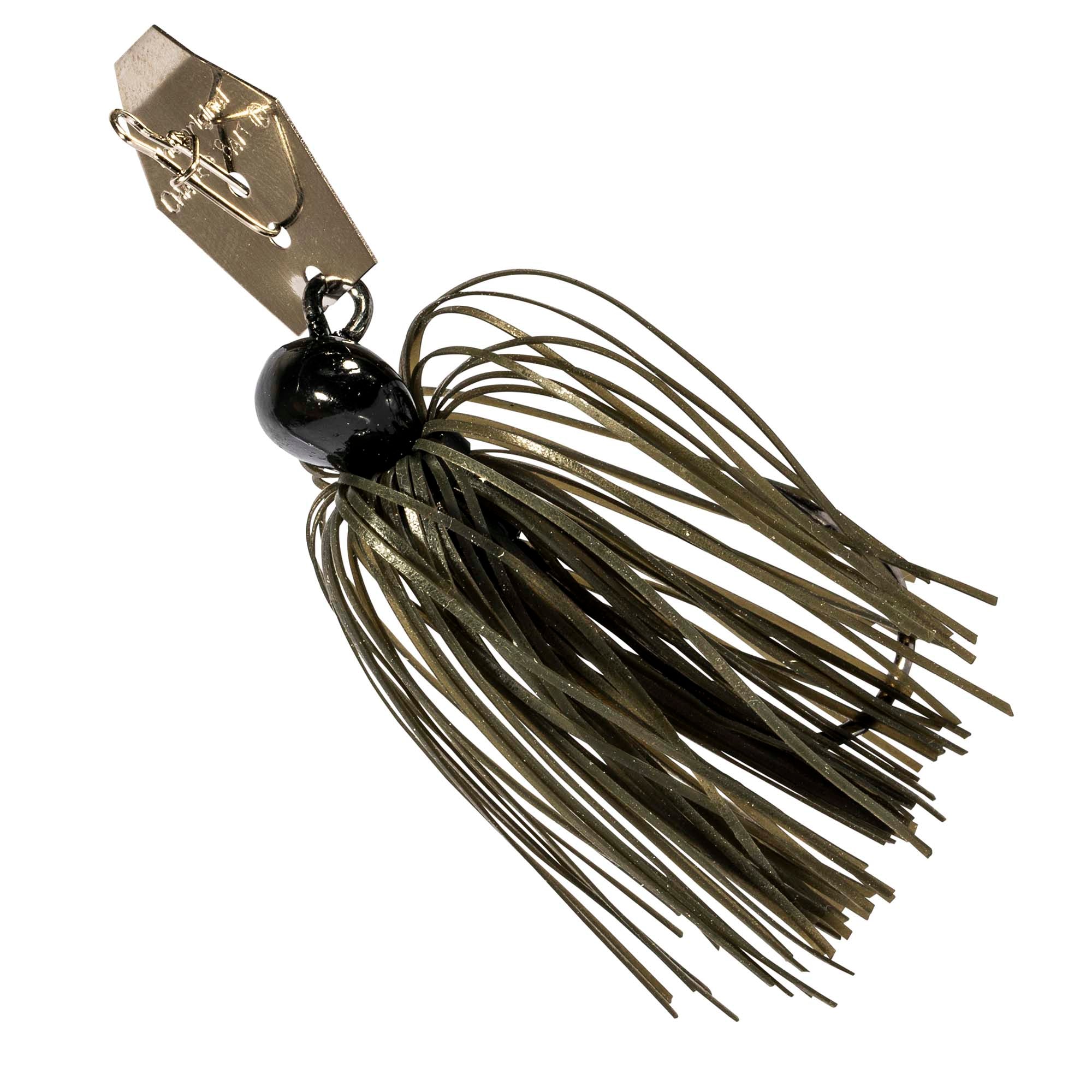 ChatterBait mini lure with olive skirt and black head, gold spinner blade