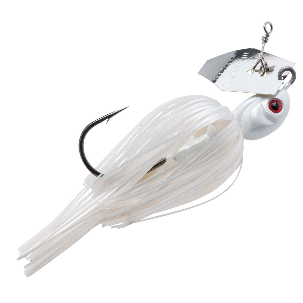 Chatterbait fishing lure with white skirt, silver head with red eye and black hook.