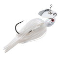 Chatterbait fishing lure with white skirt, silver head with red eye and black hook.