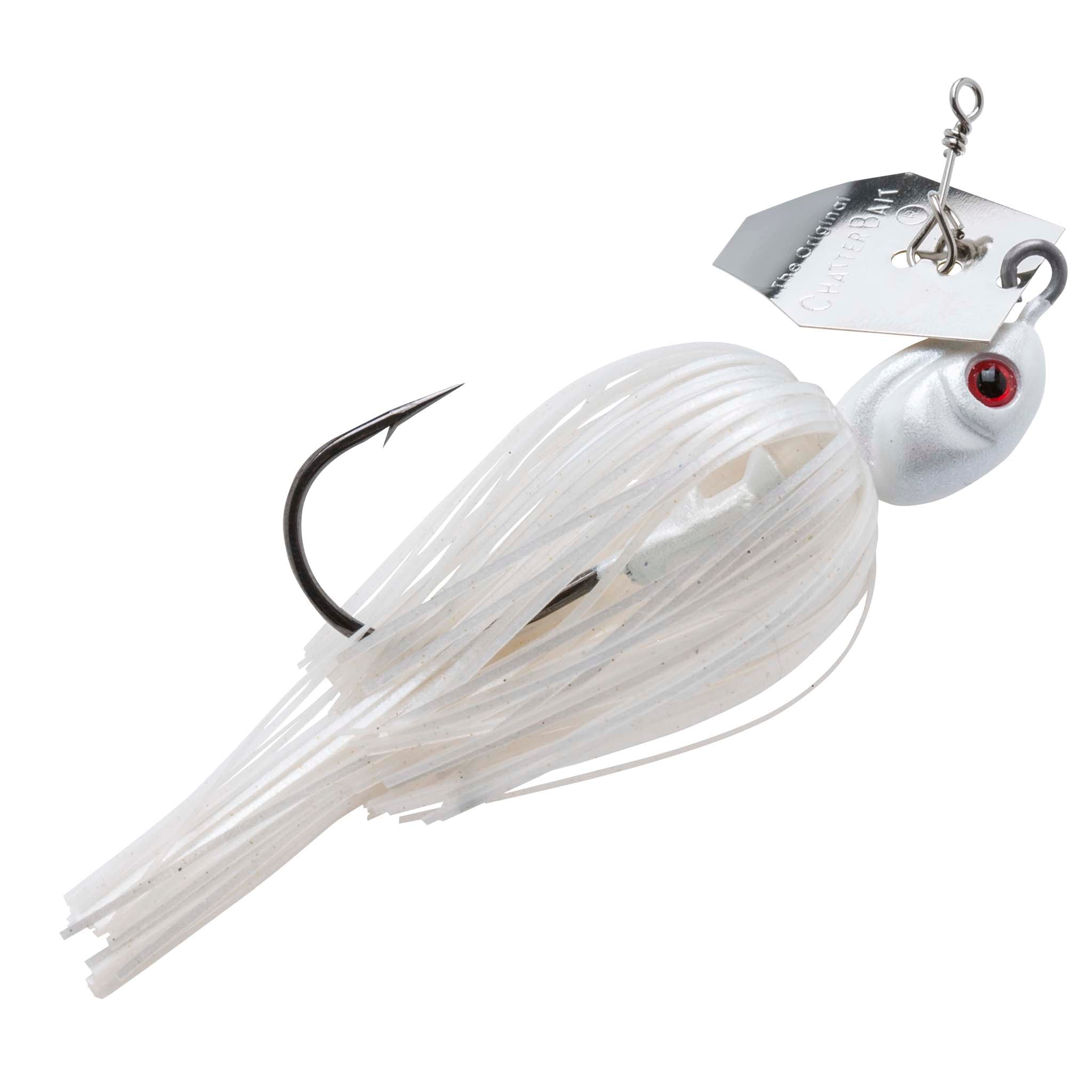 Chatterbait fishing lure with white skirt, silver head with red eye and black hook.