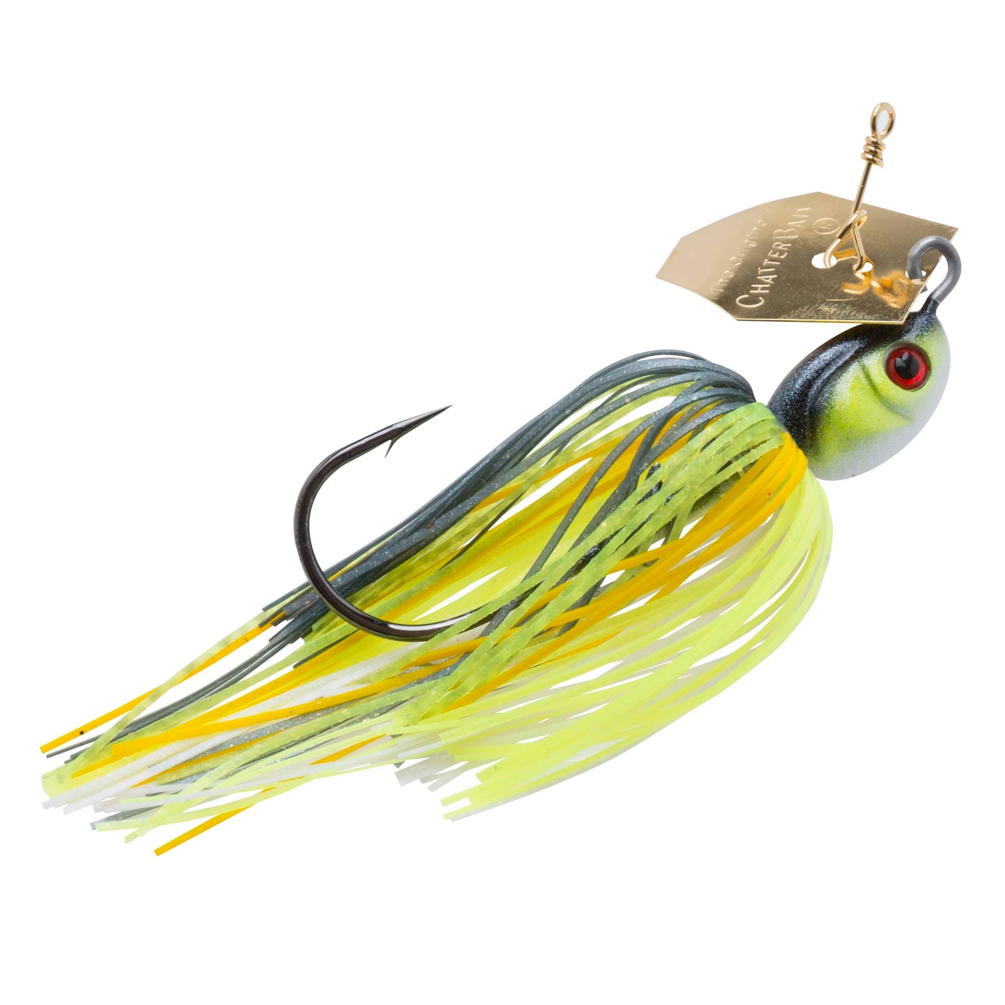 Chatterbait fishing lure with chartreuse and yellow skirt, blue-green head with red eye.