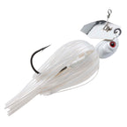 Chatterbait fishing lure with white skirt, silver head with red eye and front hook.