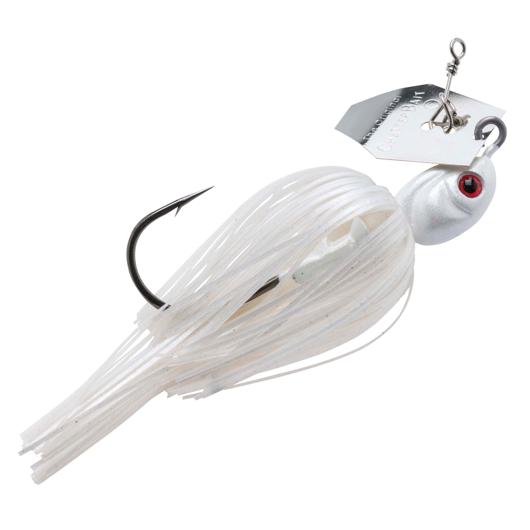 Chatterbait fishing lure with white skirt, silver head with red eye and front hook.