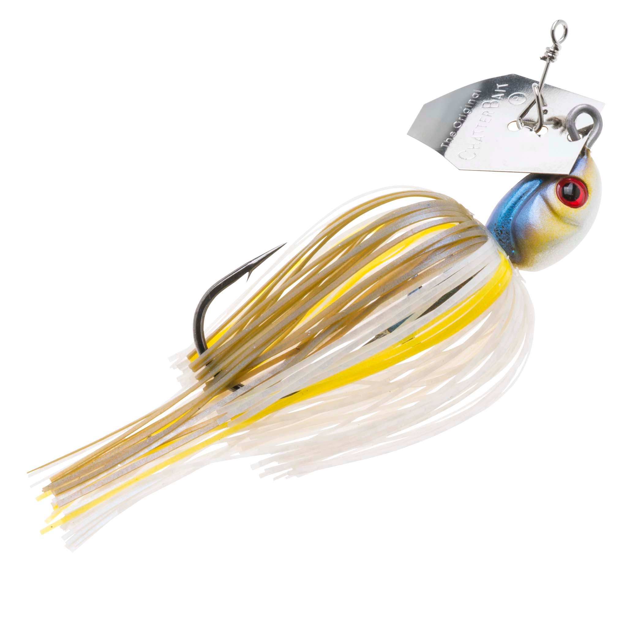 Chatterbait fishing lure with white skirt and gold-yellow strands, blue head with red eye.