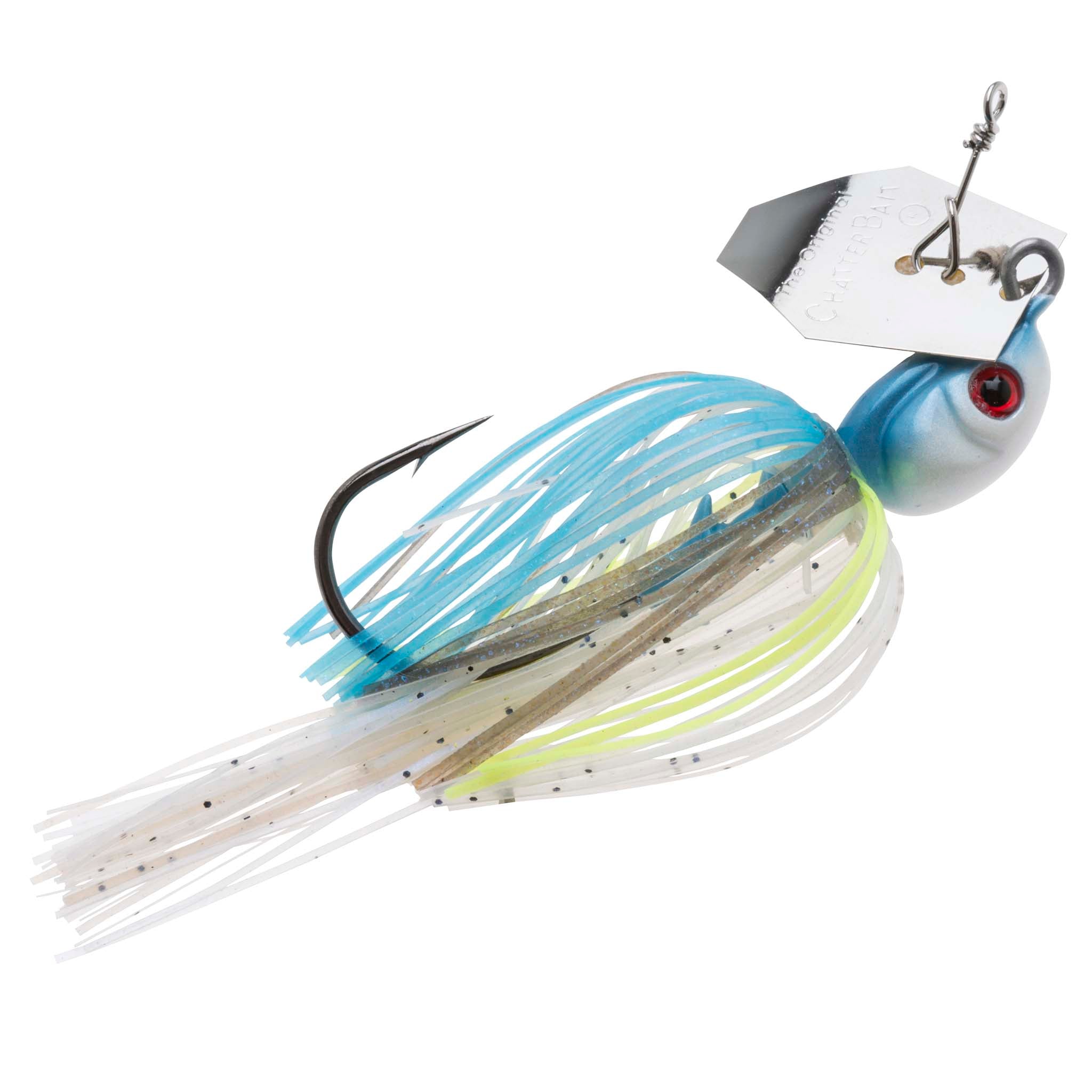 Chatterbait fishing lure with white skirt, light blue and lime strands, blue head with red eye.