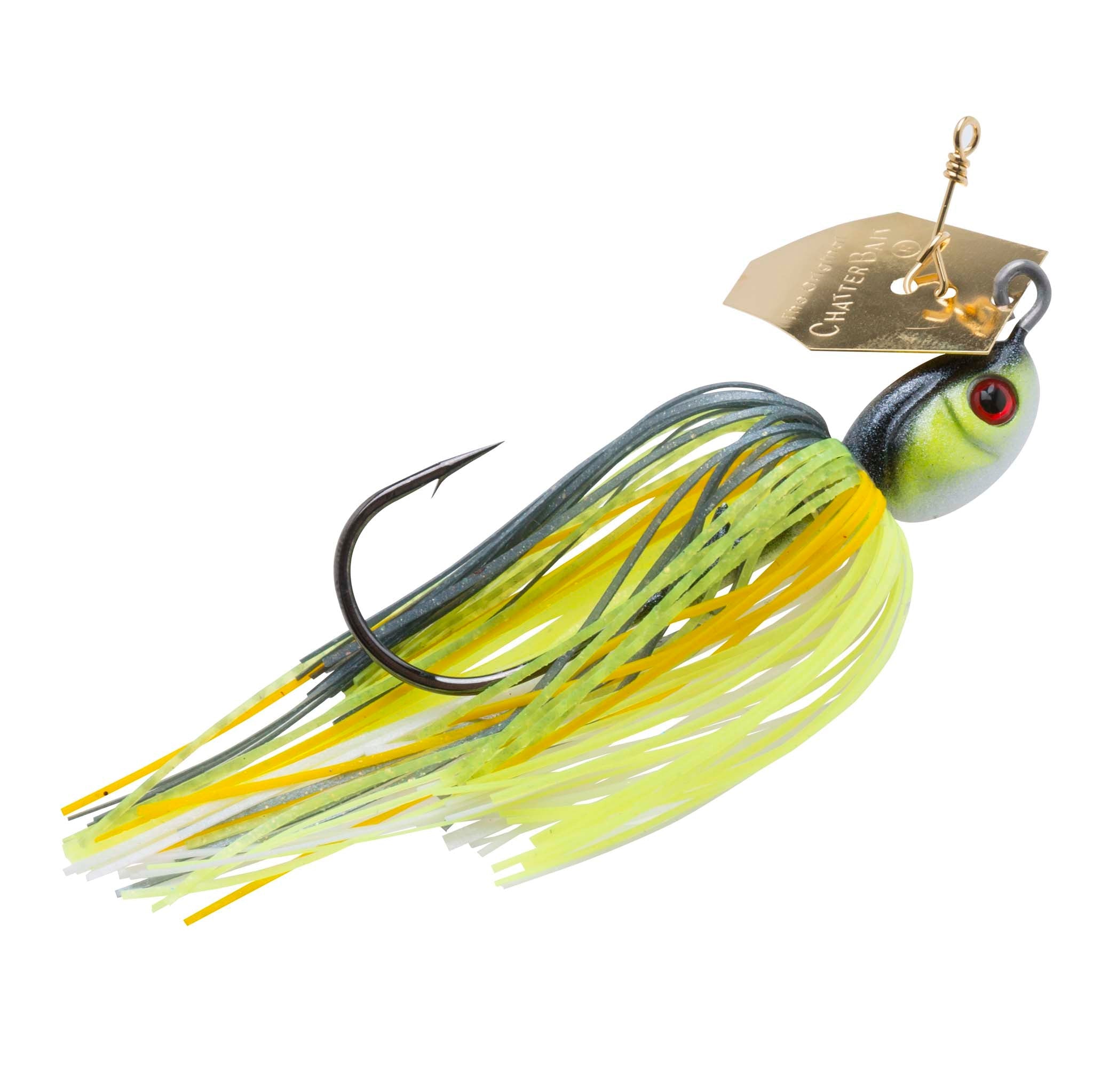 Chatterbait fishing lure with lime-yellow skirt strands, green-blue head with red eye.