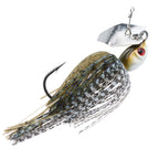 ChatterBait fishing lure with silver blade, dark mottled skirt, red-eyed bait head.