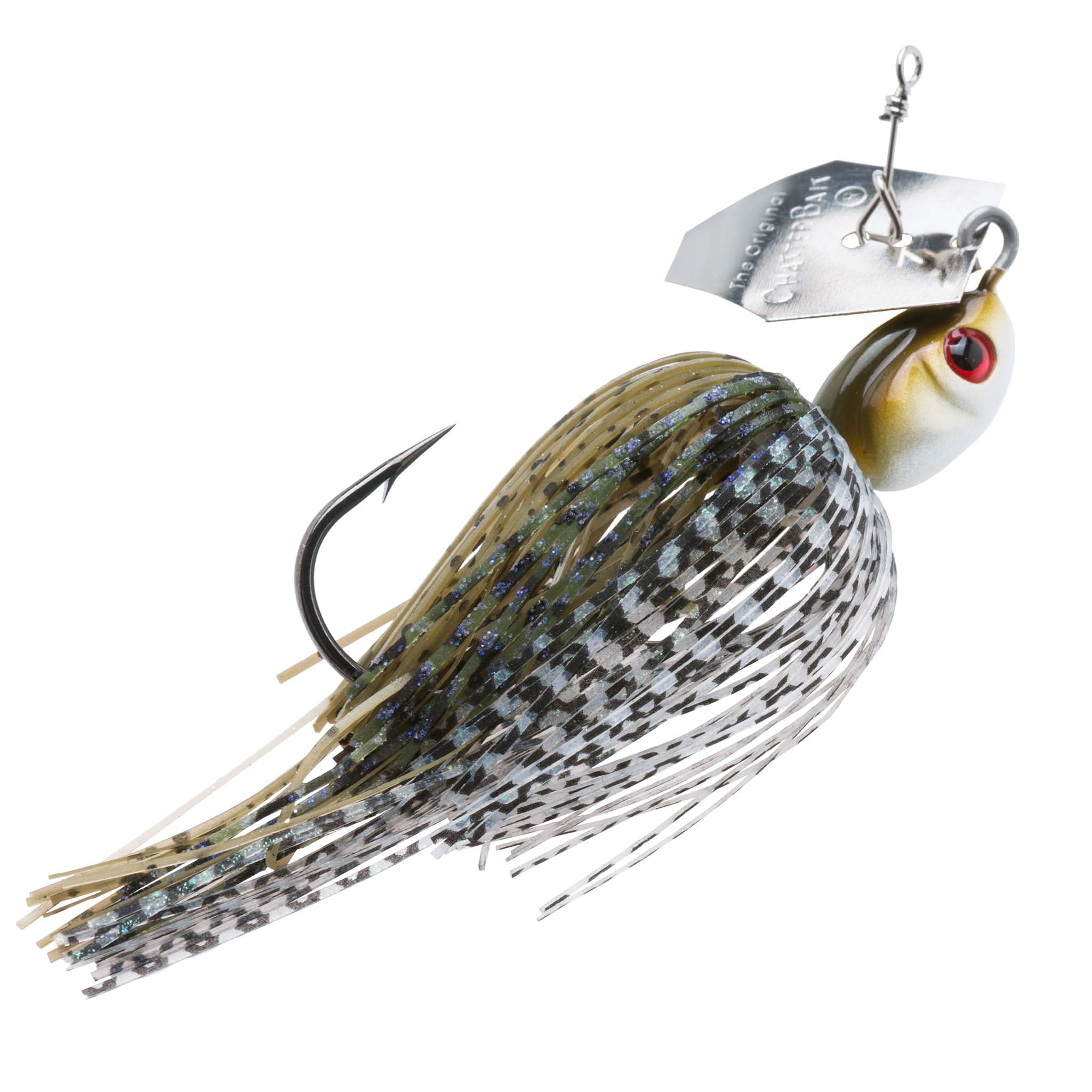 ChatterBait fishing lure with silver blade, dark mottled skirt, red-eyed bait head.