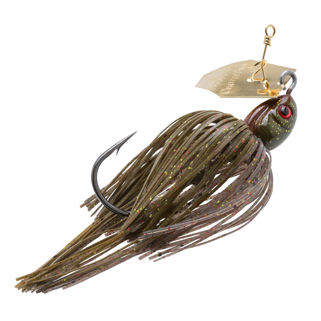 ChatterBait fishing lure with gold blade, olive brown speckled skirt, green bait head with red eye.