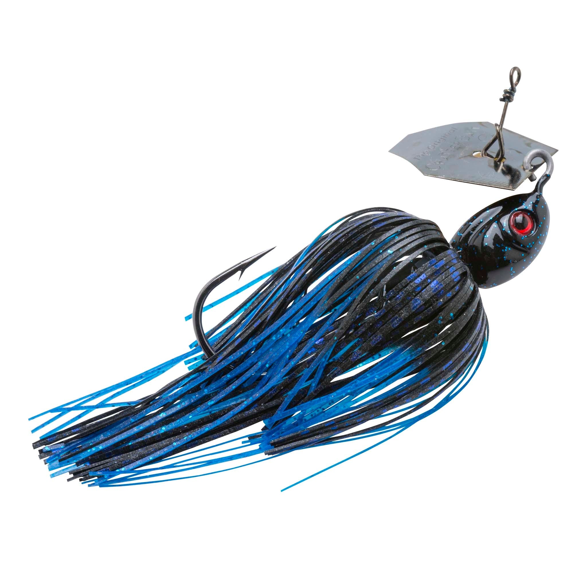ChatterBait fishing lure with silver blade, blue-black skirt with bright blue strands, red eye.