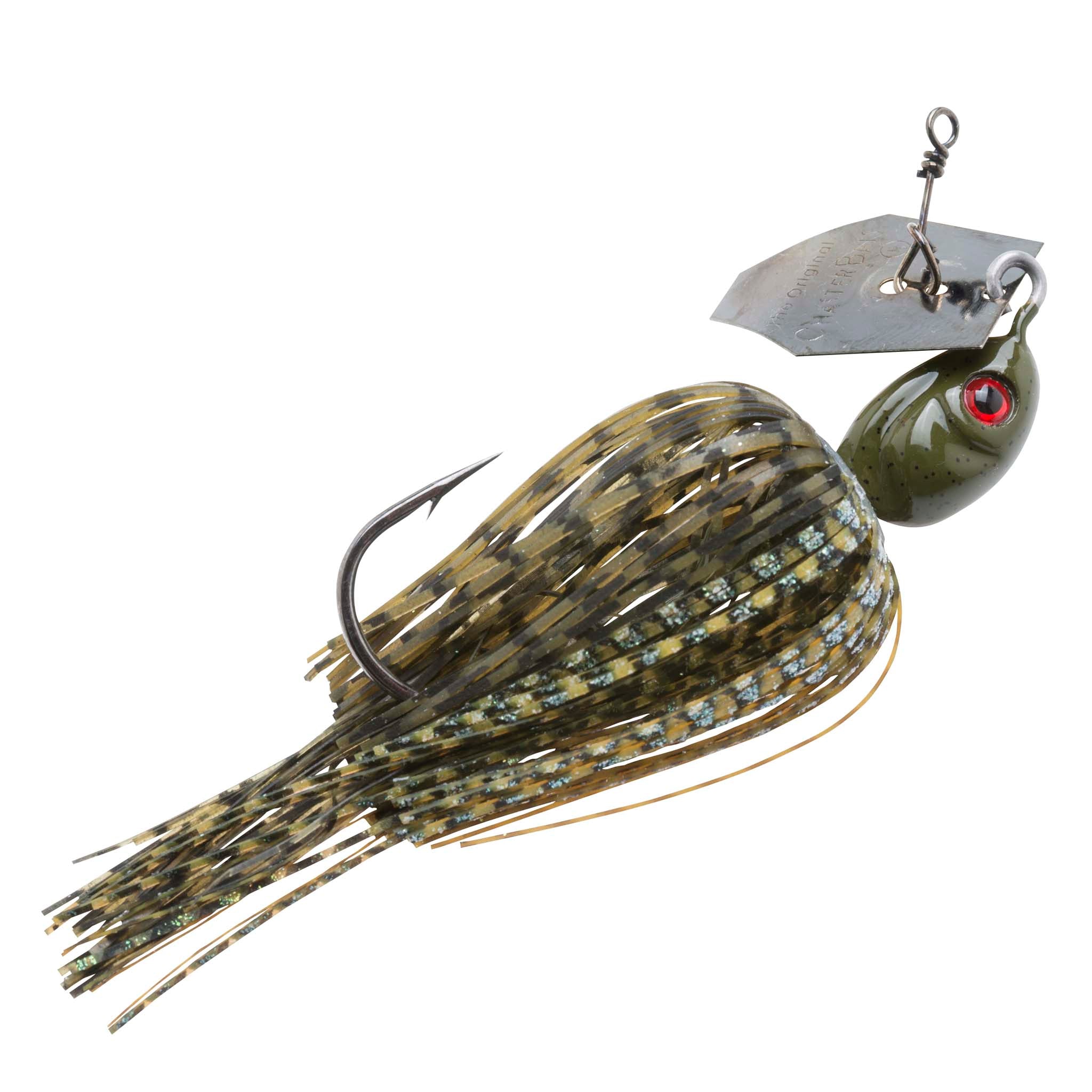 ChatterBait fishing lure with silver blade, dark olive glitter skirt, green bait head with red eye.