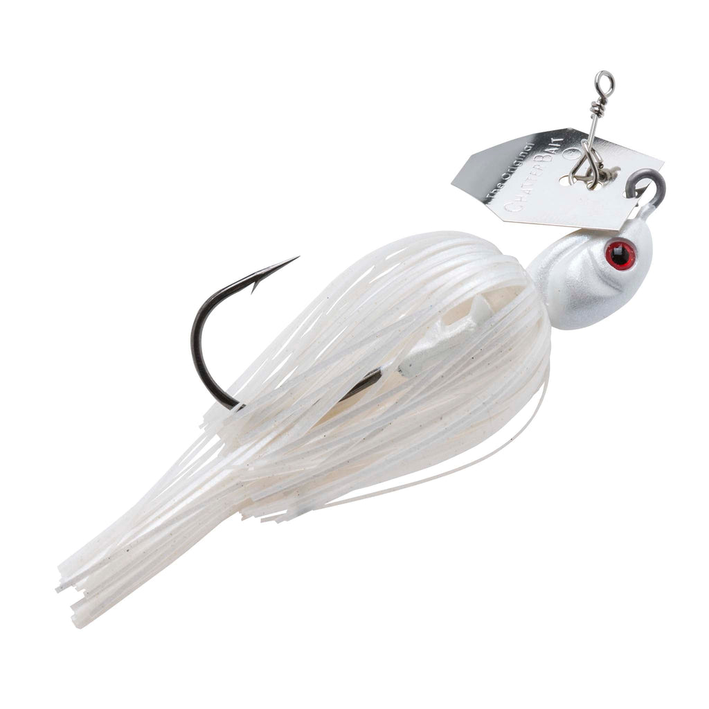 ChatterBait fishing lure with silver blade, white skirt, red-eyed bait head, curved hook.