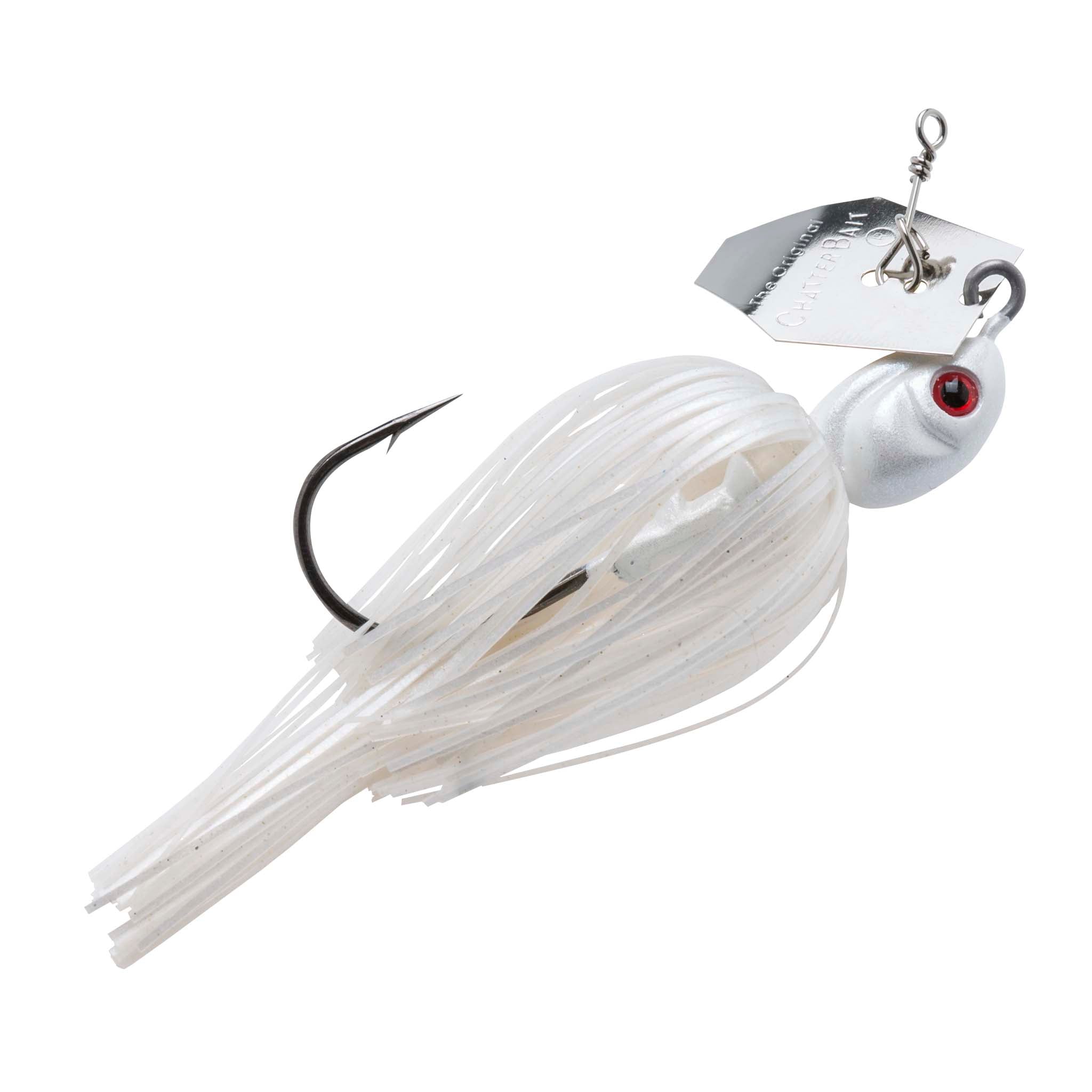 ChatterBait fishing lure with silver blade, white skirt, red-eyed bait head, curved hook.