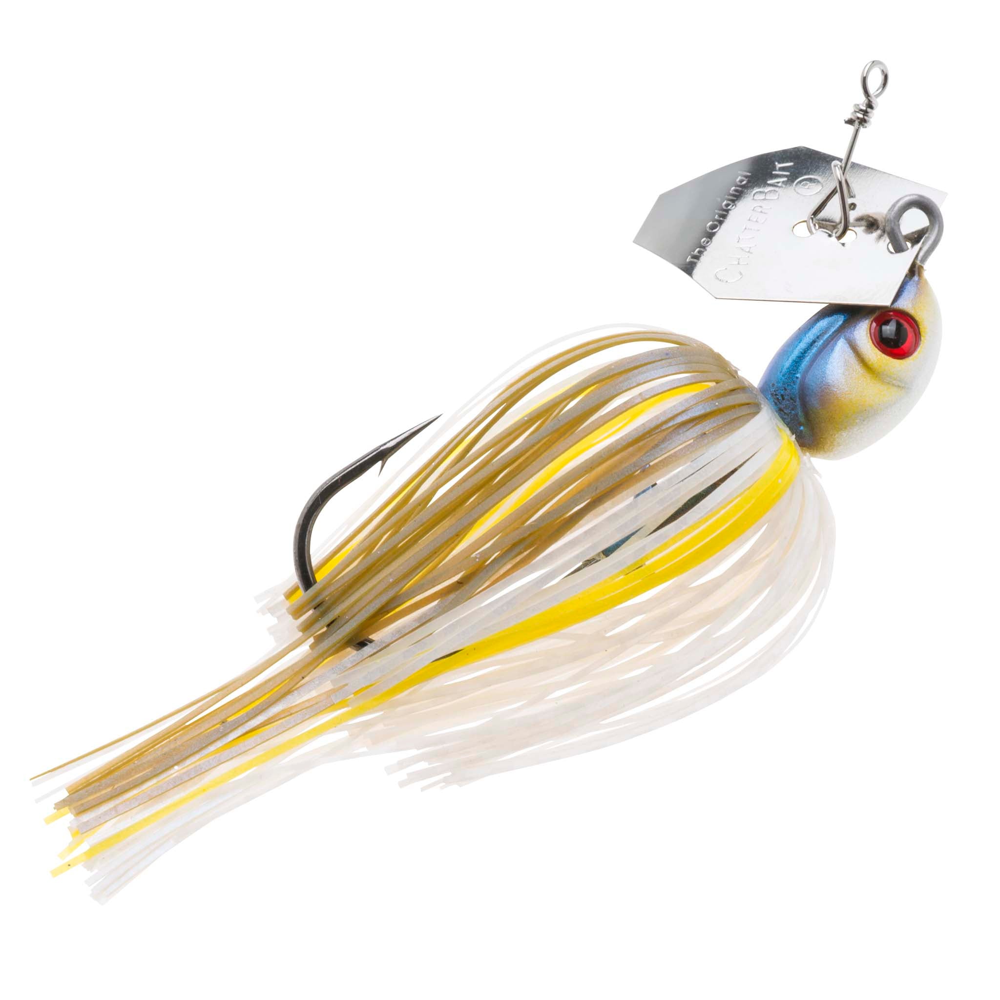 ChatterBait fishing lure with silver blade, white skirt with yellow strands, blue bait head, red eye.