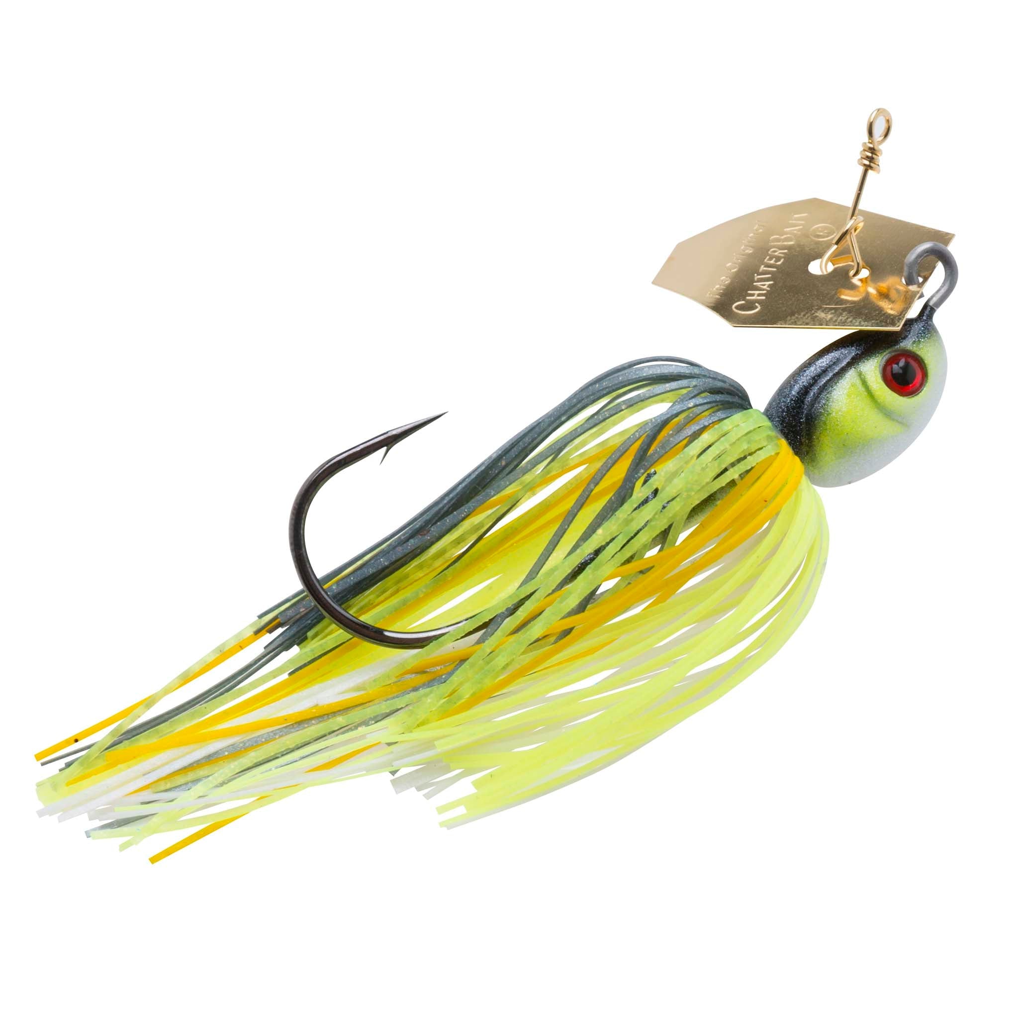 ChatterBait fishing lure with gold blade, chartreuse/yellow skirt, green bait head with red eye.
