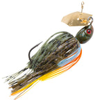 ChatterBait fishing lure with gold blade, dark green/brown skirt with orange tips, red eye.