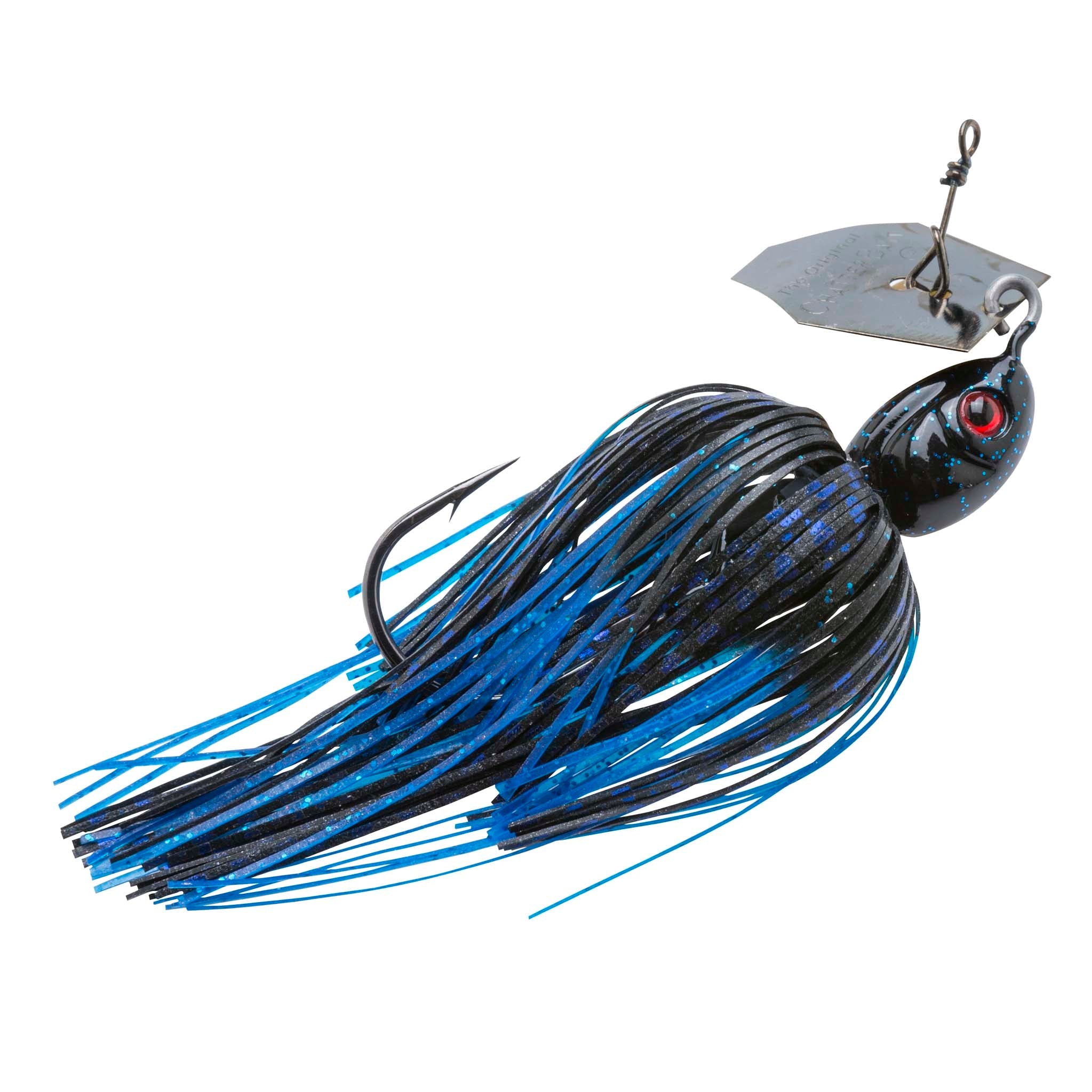 Blue-black chatterbait lure with red eye and long blue skirt