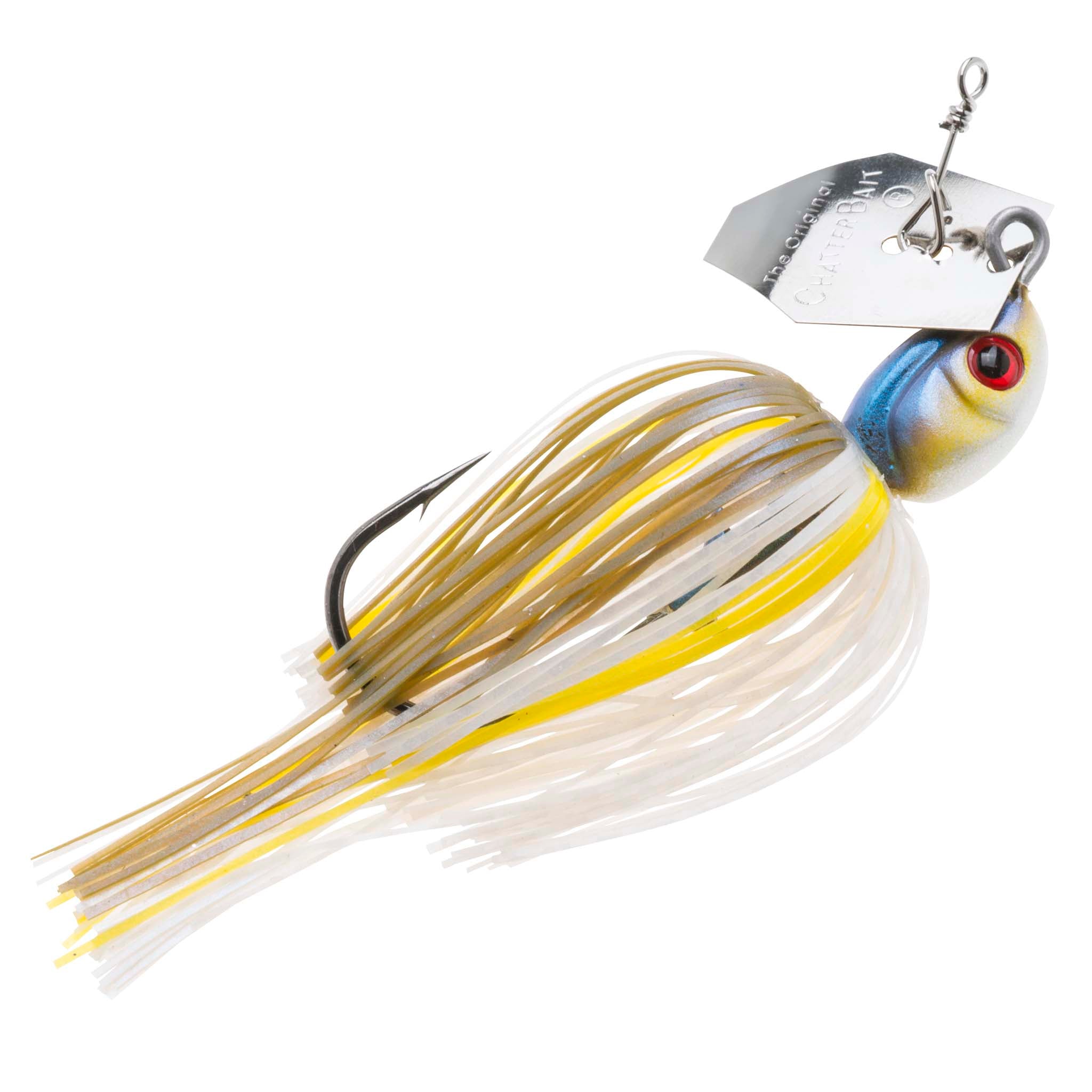 Blue-yellow chatterbait lure with red eye and white skirt with yellow strands