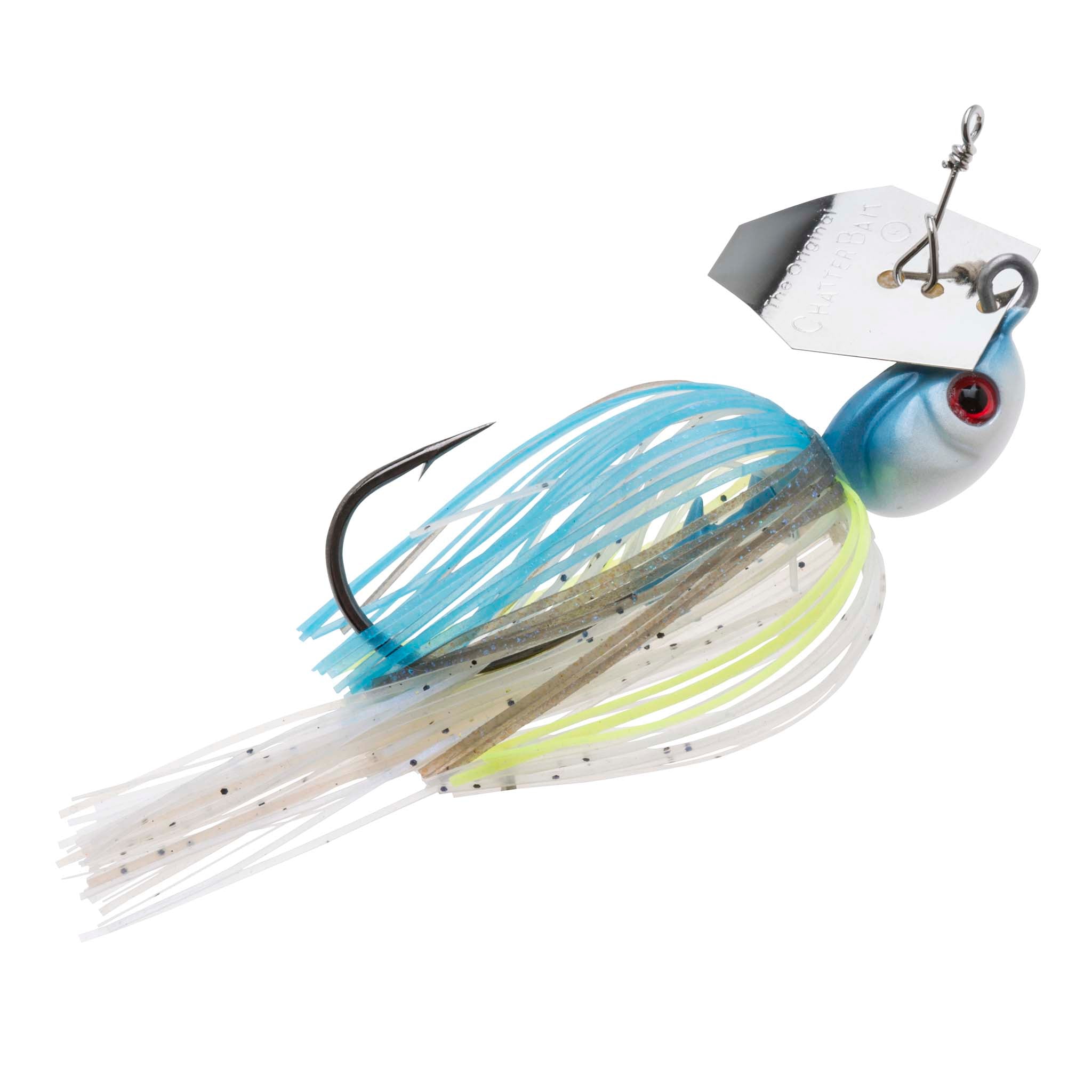 Light blue chatterbait lure with red eye and white-blue skirt with lime highlights