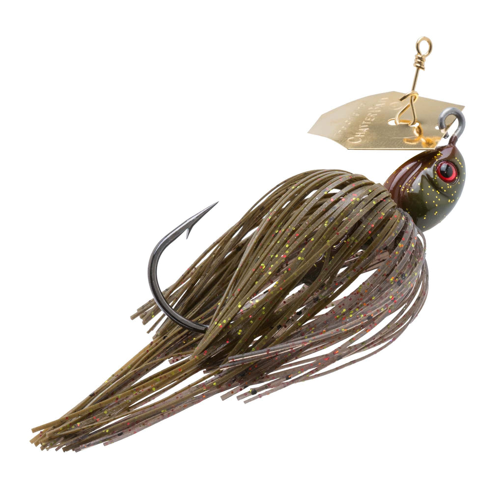 Olive-brown chatterbait lure with red eye and dark speckled skirt